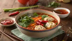 spicy dumpling soup, herbs vegetable schacarrots. The setting includes a rustic wooden table with chopsticks, a small dish of dipping sauce, and a warm, inviting atmosphere.