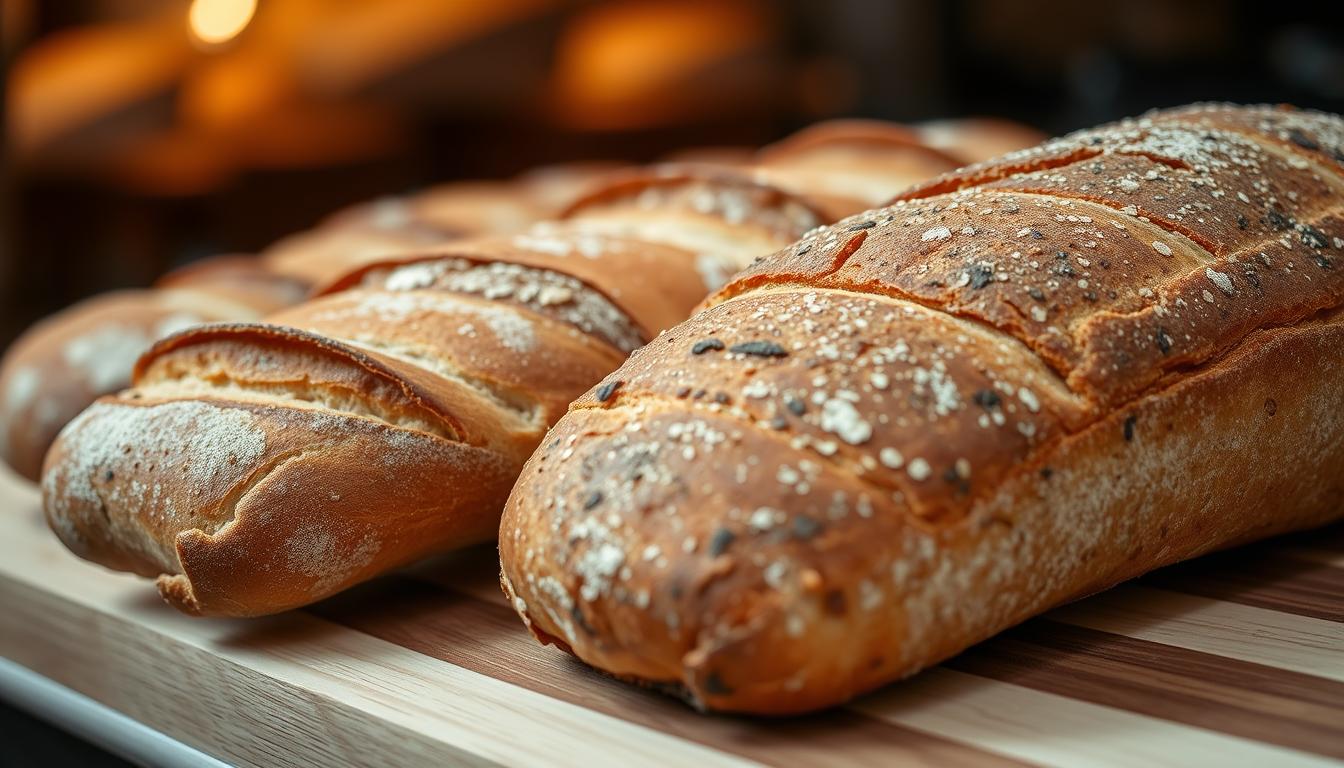 artisan bread variety including baguette and rustic loaf