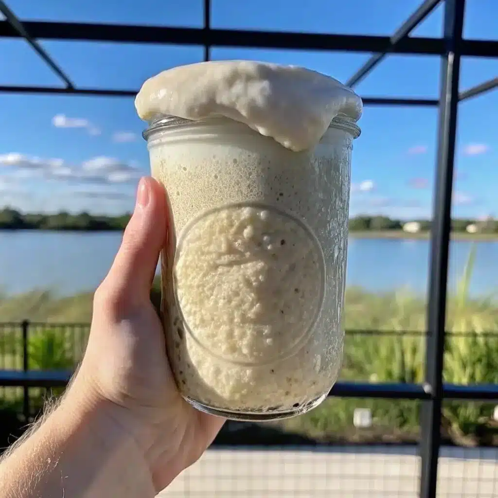 A hand holds a glass Mason jar brimming with very active, bubbly sourdough starter, overflowing slightly from the top, against a sunny background of a lake or large body of water under a blue sky.