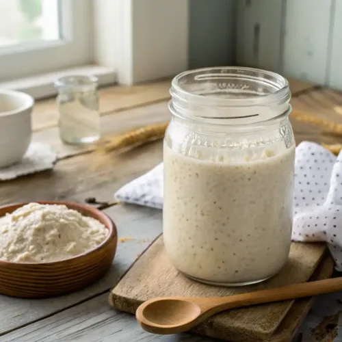 Jar of active sourdough starter with flour and water on a wooden table