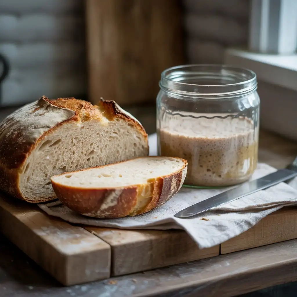 Glass jar with flour and water mixture on wooden table – starting a sourdough starter from scratch.