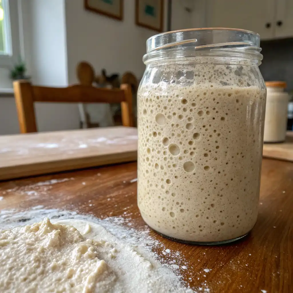Active sourdough starter bubbling with wild yeast fermentation.