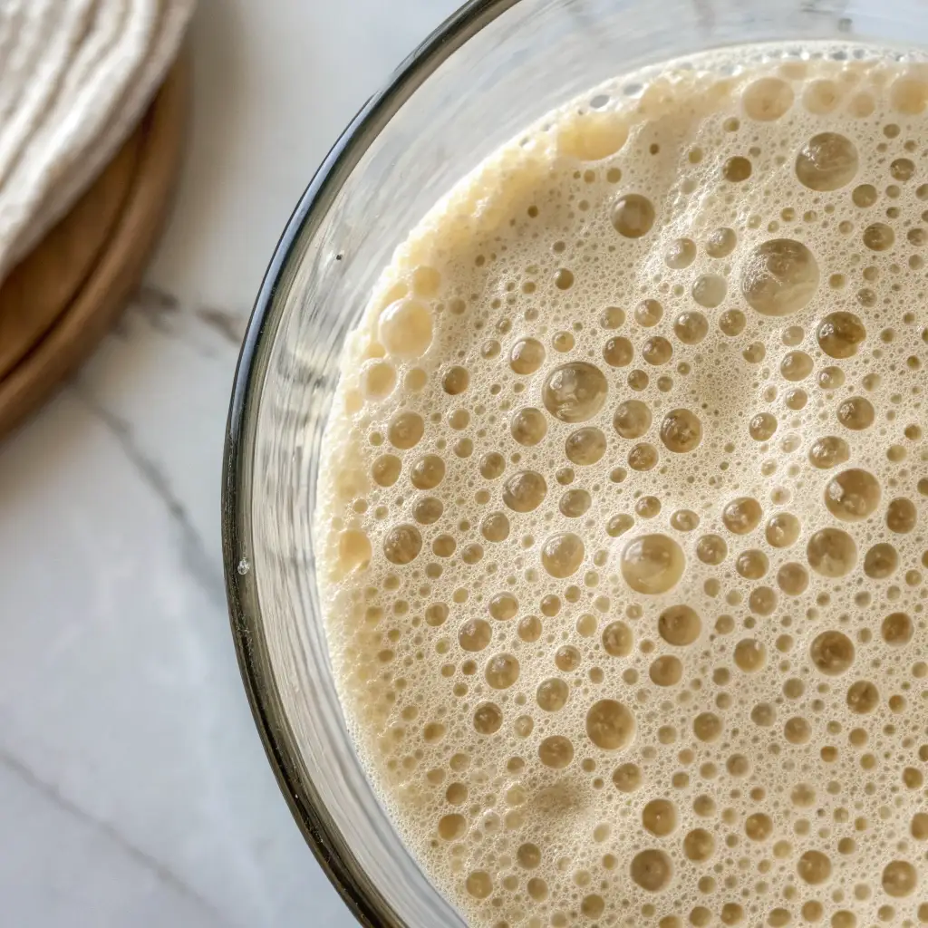 Close-up of a frothy beverage in a glass.