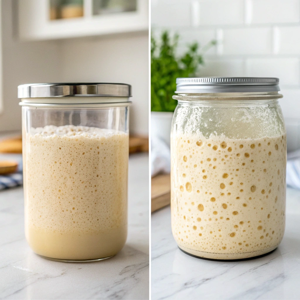 Split image showing revive sourdough starter: left side with flat, lifeless starter and hooch layer; right side with vibrant, bubbly, active starter doubling in size in a bright kitchen.