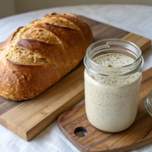 A jar of bubbly sourdough starter beside a freshly baked loaf of sourdough bread on wooden boards.