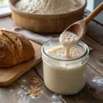 Close-up of a sourdough starter being fed, with a wooden spoon mixing flour and water into a glass jar, bubbles forming, in a rustic kitchen with natural sunlight.