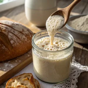 Close-Up of Feeding a Sourdough Starter in a Rustic Kitchen
